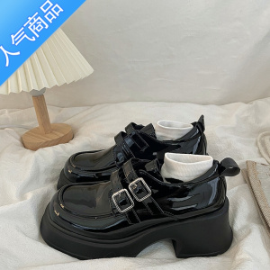 SUNTEK春季松糕厚底粗跟增高乐福鞋女金属双扣亮面英伦日系jk小皮鞋子潮