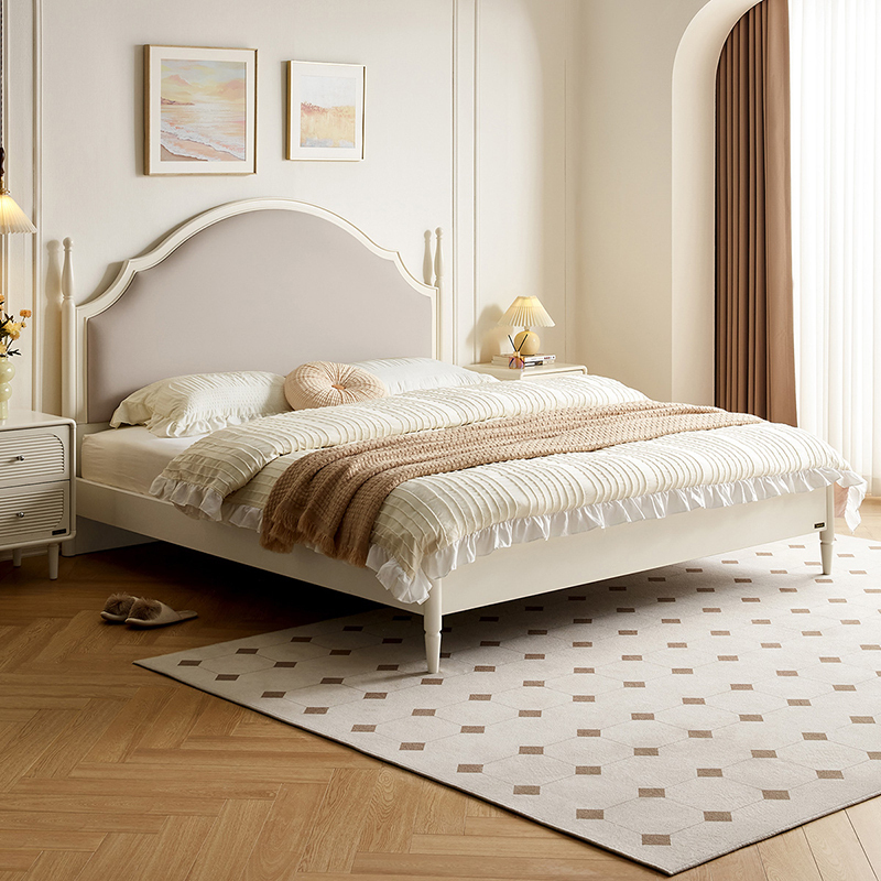 全友家居法式软包床屏小户型卧室家具实木床脚高脚床双人大床