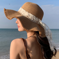 韩版新款帽子女高级感毛边波浪草帽户外遮脸遮阳帽飘带太阳帽