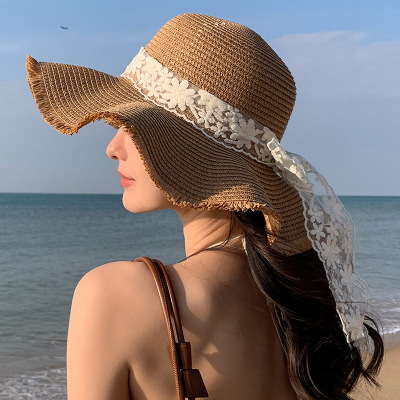 韩版新款帽子女高级感毛边波浪草帽户外遮脸遮阳帽飘带太阳帽