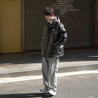 HongZun2020冬季男士棉服韩版假两件连帽pu皮棉衣加厚外套宽松学生面包服棉衣