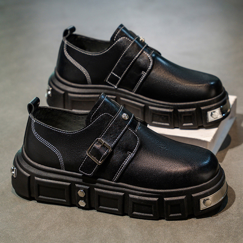 秋冬季上新款皮革黑色韩版男士上班通勤皮鞋舒适透气休闲款懒人鞋