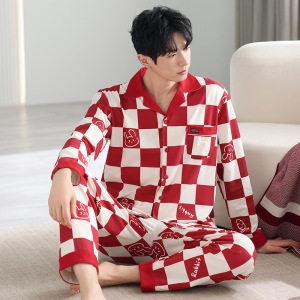 睡衣男秋冬季棉质长袖开衫翻领大红新婚结婚宽松加大码家居服套装