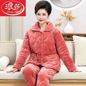 浪莎冬季珊瑚绒夹棉睡衣女中年妈妈中老年秋冬季三层加厚加绒保暖棉袄