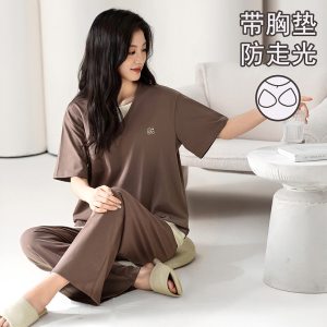 睡衣女士春夏季新款休闲短袖长裤简约宽松可外穿家居服套装
