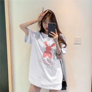 夏季中长款宽松闺蜜装打底衫女卡通ins圆领大码短袖T恤女上衣女装
