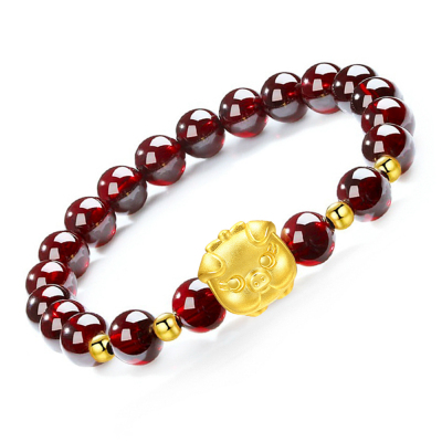 娜饰福黄金手链999足金十二生肖猪石榴石手串2克以内