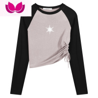 七斓美式复古抽绳长袖T恤女装春季印花插肩袖性感拼色短款上衣打底衫