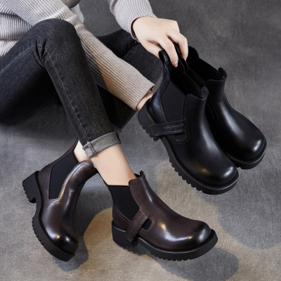 真皮低帮马丁单靴黑色女靴圆头秋季新款切尔西牛皮松紧口短靴