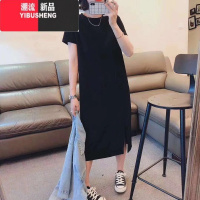 YIBUSHENG季女士气质黑色短袖t恤连衣裙宽松过膝休闲裙子韩版t恤裙子