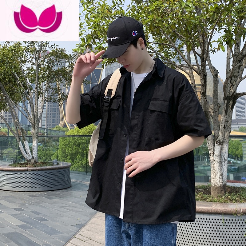 七斓夏季ins潮牌机能风五分短袖工装衬衫男韩版宽松情侣休闲半袖衬衣