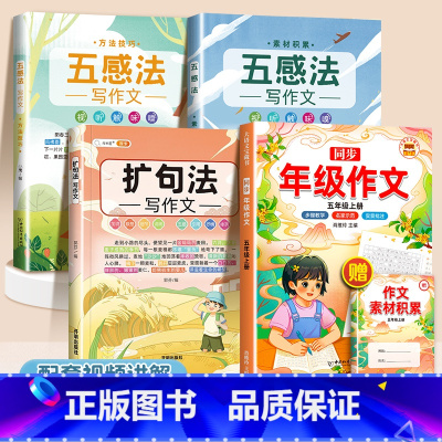 [4本]五感法2本+扩句法+同步年级作文5上 小学通用 [正版]抖音同款 2023新版五感法写作文三到六年级同步作文小学