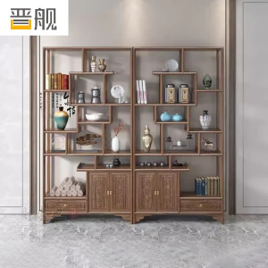 晋舰博古架多宝阁茶叶架子新中式客厅办公室隔断置物架两门一斗博古架