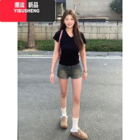YIBUSHENG纯欲辣妹黑色V领正肩短袖t恤女季2024新款修身显瘦短款上衣