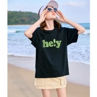 [2.5折价52元]唐狮新款短袖T恤女针织前胸简约字母发泡印花休闲宽松上衣sz