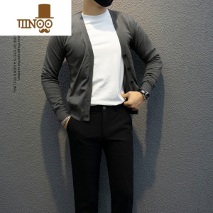 YANXU早秋薄款纯色简约针织开衫男英伦复古单排扣修身短款毛衣小外套男