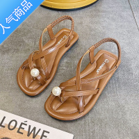 SUNTEK套趾凉鞋女夏季平底时尚防滑沙滩一脚蹬防水海边罗马女鞋2023新款