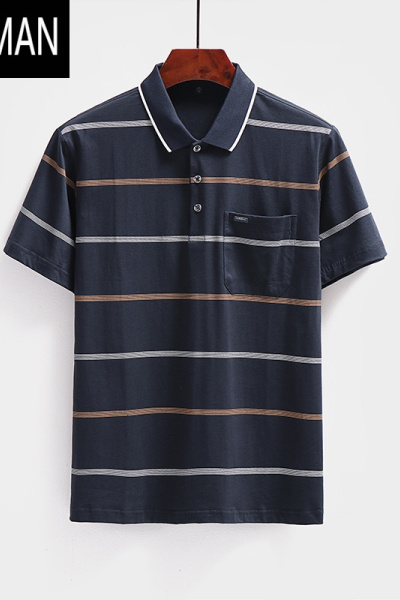 HLCOMAN2025夏装中老年男士短袖t恤条纹带口袋polo衫夏季老人上衣服