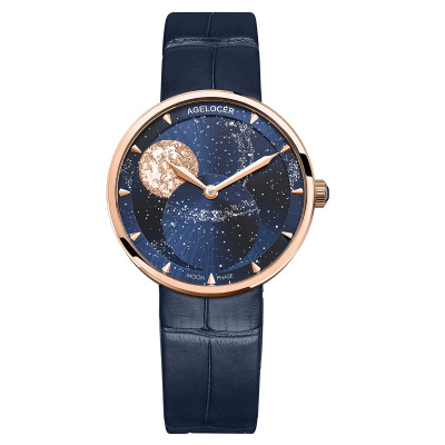 agelocer月相手表女士纤薄石英表女文艺时尚星空女表星河奢华金蓝皮带6504D6均码