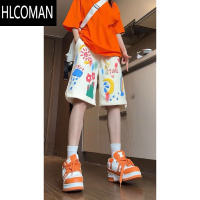HLCOMAN夏日多巴胺穿搭彩色涂鸦美式短裤男夏季宽松型运动6分五分裤