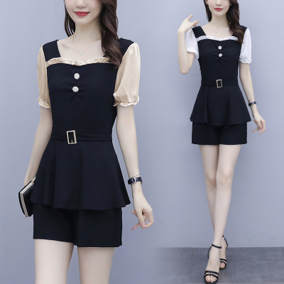 闪动少女大码女装2021年夏季时尚套装女休闲遮肚上衣气质短裤两件套装女