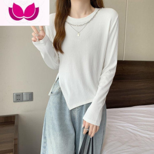 七斓白色打底衫女内搭春新款圆领螺纹长袖T恤修身显瘦开叉上衣