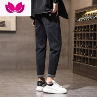 七斓牛仔裤男士夏季新款修身百搭潮牌直筒黑色九分运动休闲裤子男