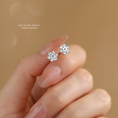 韩版轻奢雪花耳钉女s999纯银百搭高级感超闪锆石足银花朵耳饰批发送女朋友老婆情人节七夕生日礼物