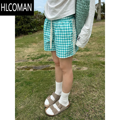 HLCOMANCGGA美式撞色格纹直筒三分裤男女夏季简约宽松休闲百搭短裤