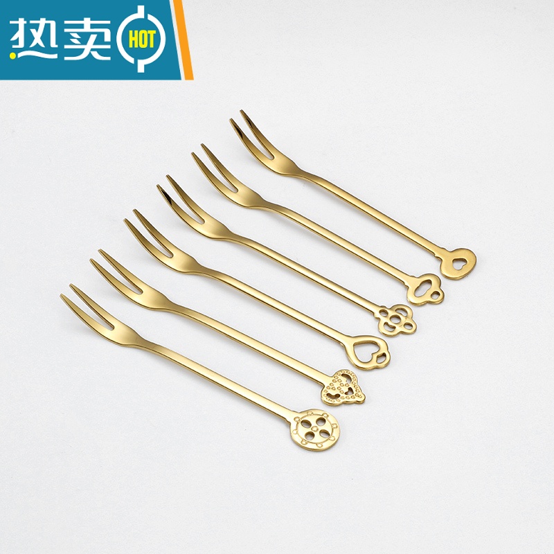 敬平水果叉套装304不锈钢创意可爱小叉子家用欧式蛋糕签水果插收纳瓶 皇冠系列水果叉金色(6支) 图案款式随机牙签