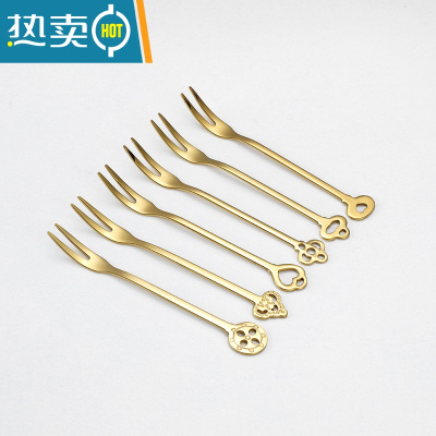 敬平水果叉套装304不锈钢创意可爱小叉子家用欧式蛋糕签水果插收纳瓶 皇冠系列水果叉金色(6支) 图案款式随机牙签