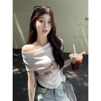 一字领短袖修身T恤女2025夏季字母印花显瘦辣妹百搭短款露肩上衣