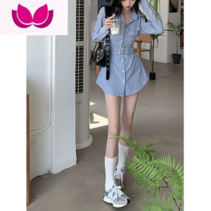 七斓春季chin上衣甜辣套装女活泼减龄洋气学院风条纹衬衫裙短裤套