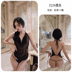 长夜漫漫情趣内衣挂脖系带肚兜套装性感纯欲网纱透视诱惑免脱2124