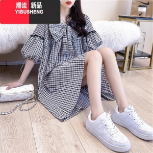 YIBUSHENG大码女装格子蝴蝶结A字连衣裙2024季新款韩版宽松中长款裙子潮