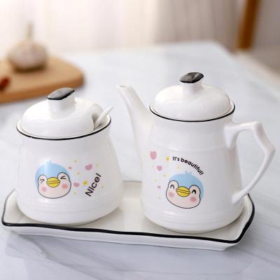 陶瓷调料瓶厨房家用醋壶酱油瓶油壶辣椒油罐味精盐调味罐组合套装 敬平 呆萌小鸟(蓝色)