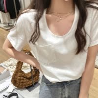 白色正肩短袖T恤女式夏季新款设计感口袋宽松休闲纯色上衣ins