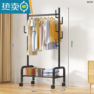 敬平简易晾衣架落地卧室家用折叠挂衣架阳台宿舍学生晒衣杆凉衣服架子 60cm加粗单层-加固7钩-黑|25管粗 大