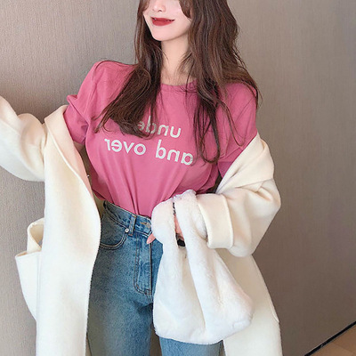 短袖T恤女夏季新款韩版圆领宽松字母印花学生上衣体恤ins女装