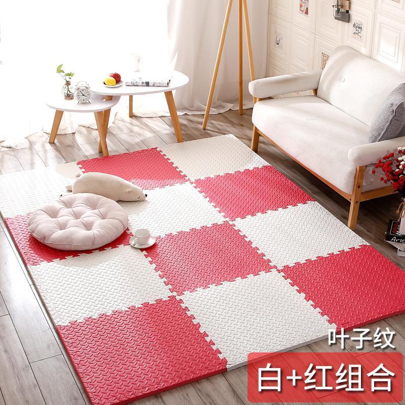 泡沫地垫家用隔音海绵铺地板垫子拼接爬爬卧室儿童爬行垫拼图防摔 白+红 60*60*2.4cm叶子纹[4片]升级加厚送边条