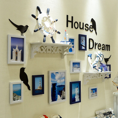 自粘3D立体背景墙贴纸画框儿童房间布置床头贴画古达卧室墙壁墙面装饰品10G白蓝