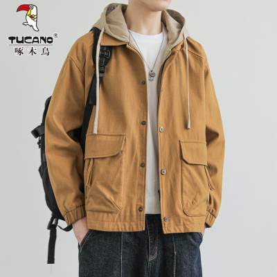 啄木鸟假两件夹克男士春季休闲帅气连帽茄克纯棉重磅工装外套男款