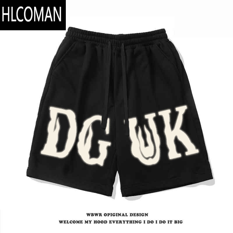 HLCOMAN美式潮流hiphop字母印花抽绳短裤男夏季百搭宽松直筒休闲五分裤