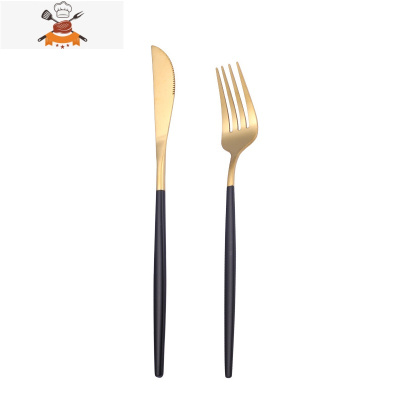 北欧风ins不锈钢牛排刀叉勺筷子四件套礼盒套装家用酒店西餐餐具 敬平 黑金[刀叉]