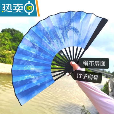 XIANCAI网红古风扇子10寸男霸气龙折扇女中国风汉服舞蹈流苏绢布折叠竹扇 10寸青龙单扇