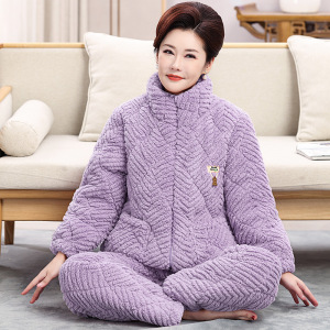 睡衣女冬季加加绒加厚三层夹棉拉链大码超厚保暖珊瑚绒家居服冬天