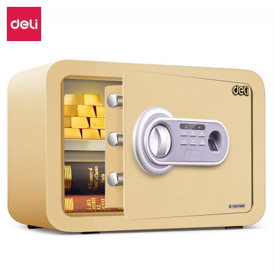 得力(deli)33473保管箱高25CM小型办公家用保险箱保险柜指纹密码双保险保管箱金色2019新款