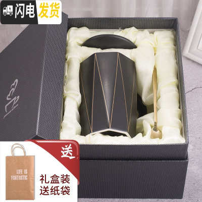 三维工匠马克杯带盖勺创意潮流个性情侣办公室女咖啡喝水杯家用 约368(礼盒装)黑色-金边几何杯[带盖勺+牛皮咖啡器具
