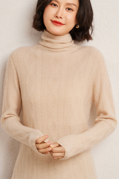 秋冬新款菱形堆堆领羊绒针织衫女高领气质时尚内搭打底衫宽松毛衣