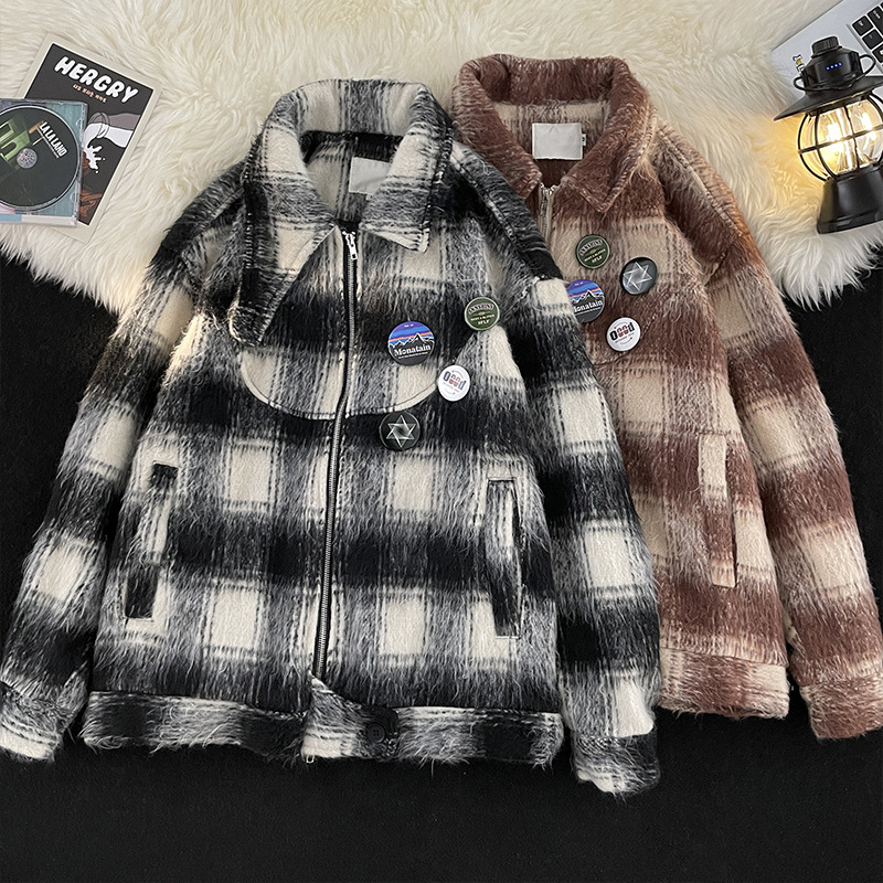 男装春秋新款韩版潮流翻领格子时尚百搭毛呢夹克宽松痞帅男士外套